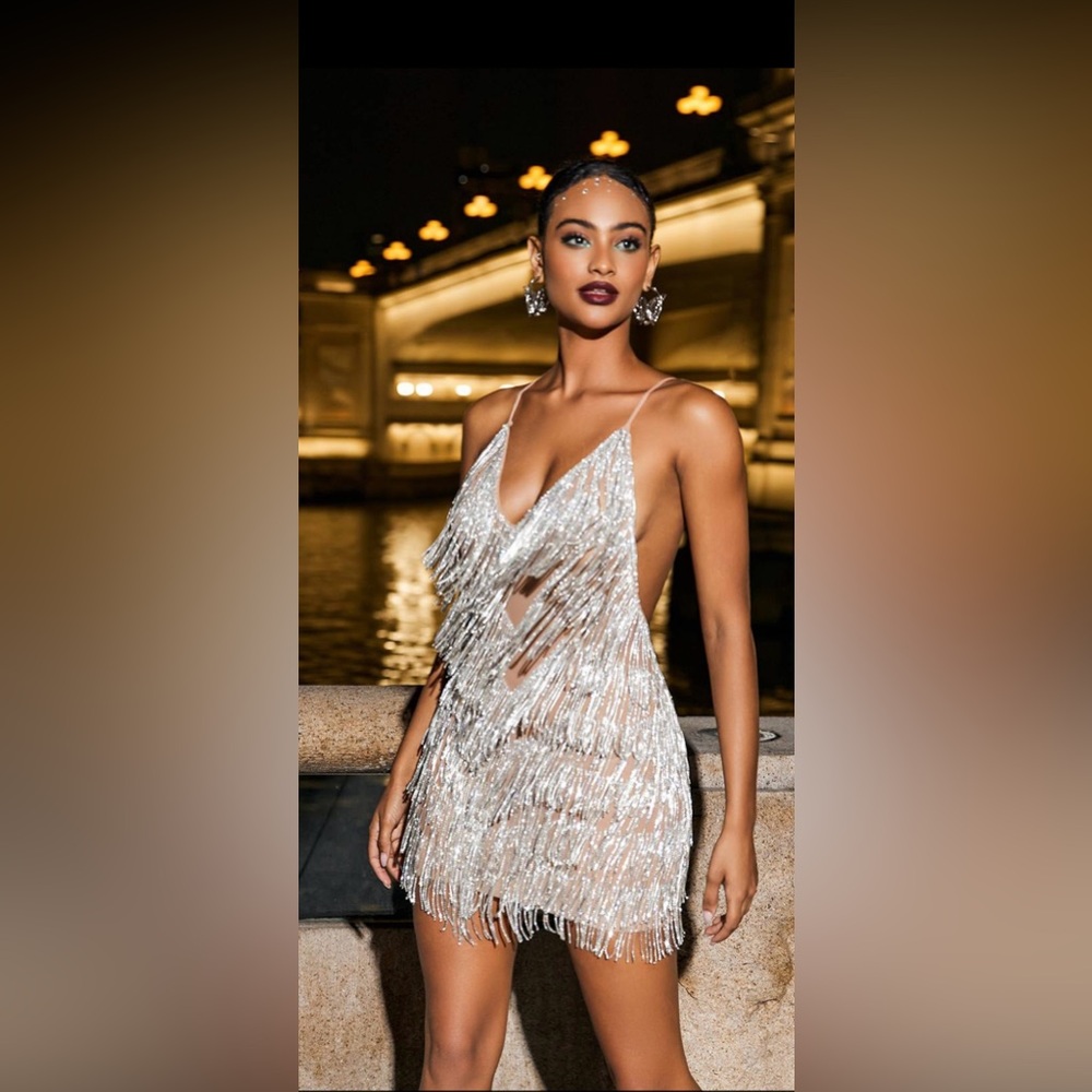 Mew Mews Fidah Crystal Chain Fringe Mesh Mini Dress in Silver